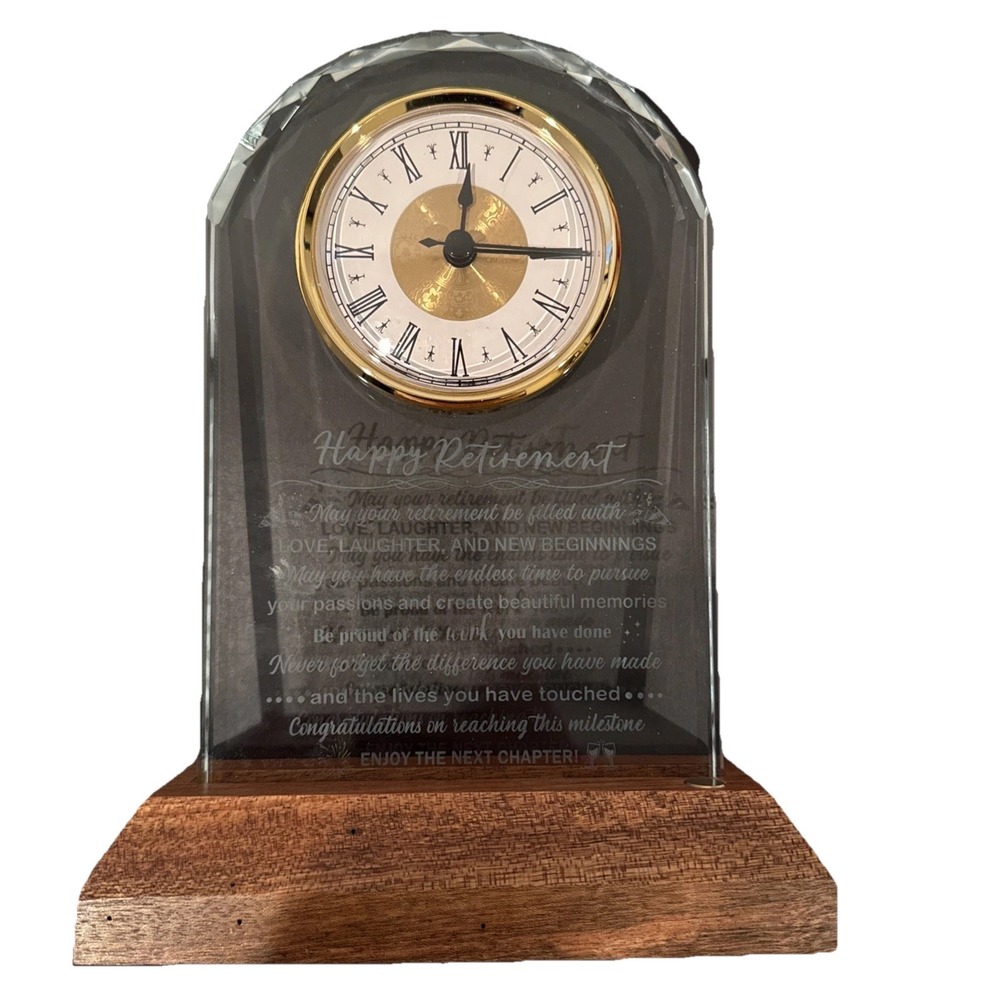 NIB Glass Retirement Clock with Wooden‎ Light Base - Happy Retirement Plaque